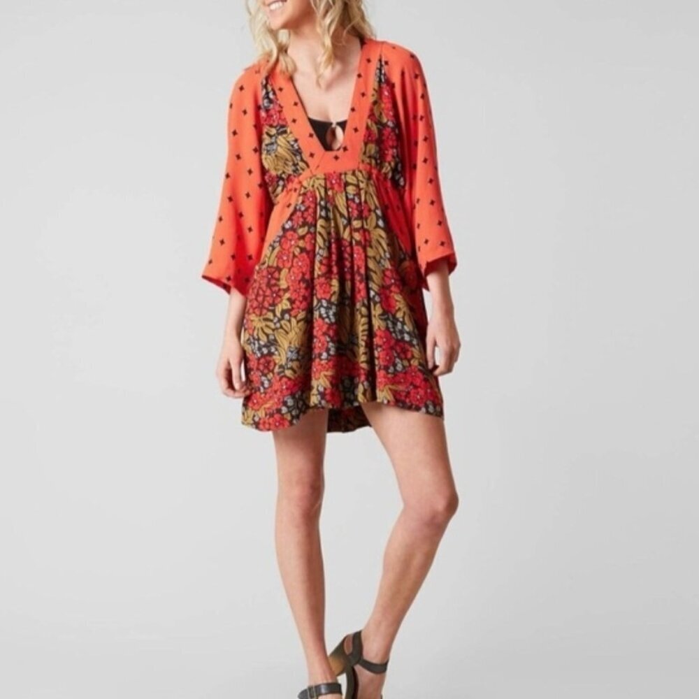 Free People Tallula Cherry Combo Dress Printed 3/4 Sleeve V-neck Boho small